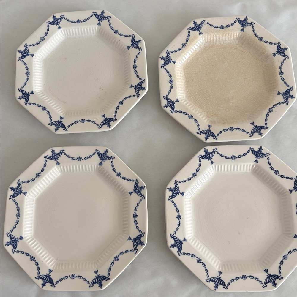 4 Independence ironstone ash lawn dessert bread plates blue white octagonal 6.5”